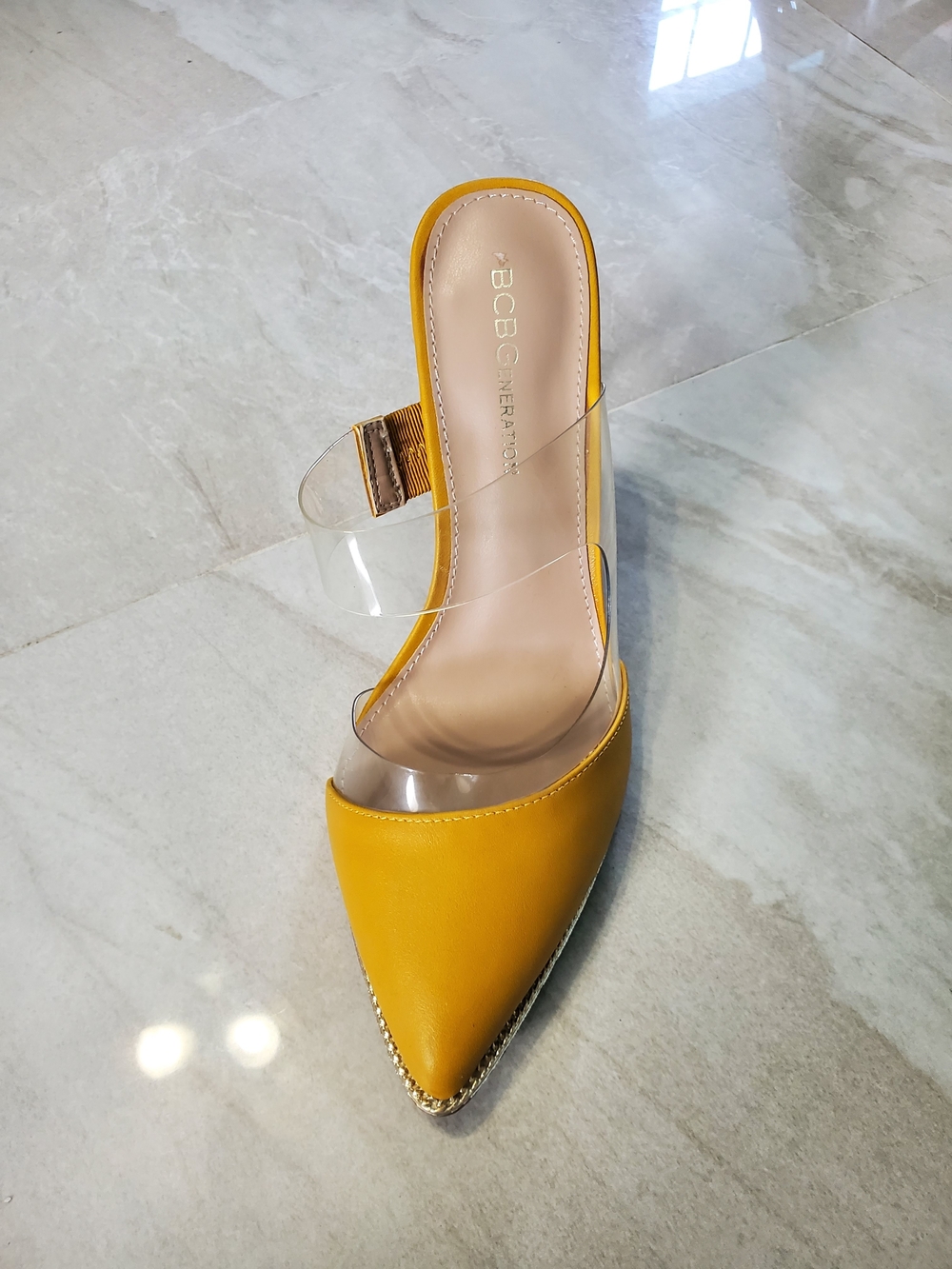 BCBGeneration Yellow Pointed Mule with Clear Double Straps